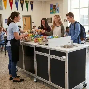 Foodservice concession cart with self-contained hot water sink in school cafeteria