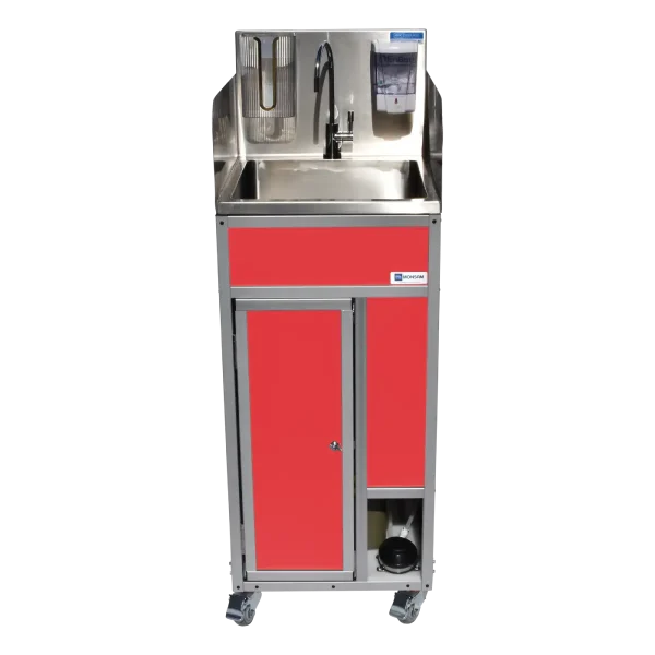 Monsam-PSF-101SS_Red Foot pump portable sink with soap dispenser in red