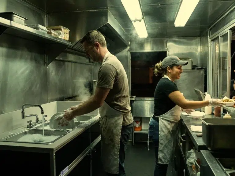 Portable sink in food truck for dishwashing and handwashing