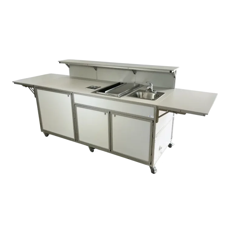 Foodservice Concession Cart with Serving Shelf, Folding Countertops, Ice Bin, and Glass Rinser