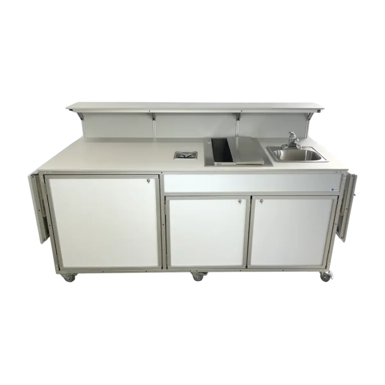 Custom foodservice concession cart with serving shelf, extending countertops, and glass rinser