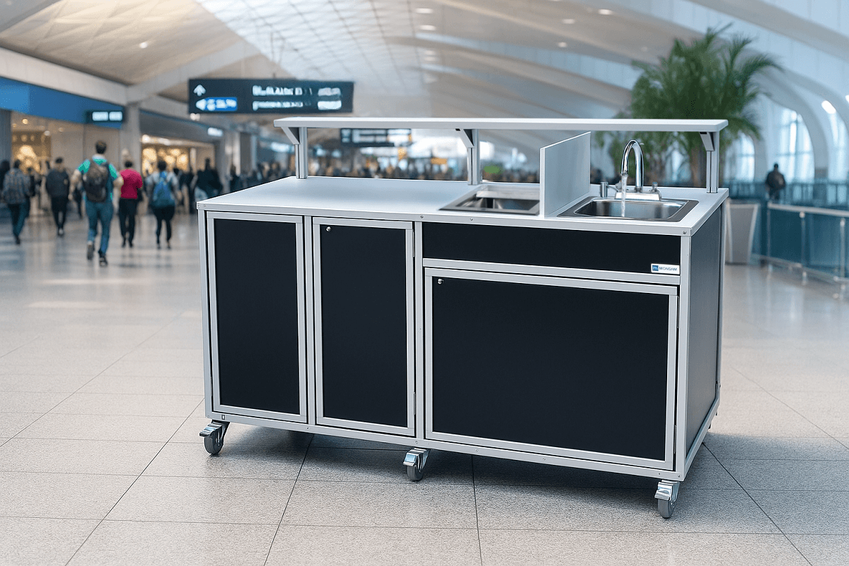 A black and white kitchen cart positioned in an airport, showcasing its functional design amidst the travel environment.