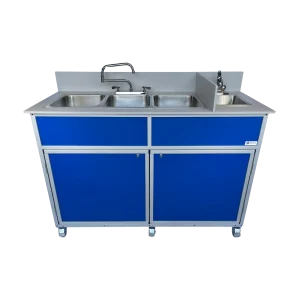 Large four compartment portable hot water sink in blue
