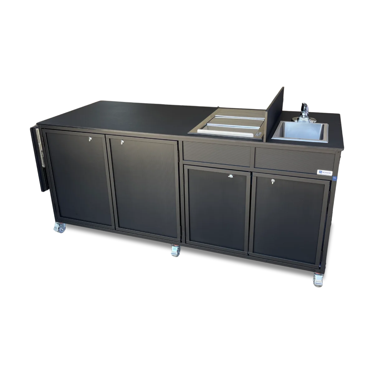 Mobile black kitchen table featuring two sinks, ideal for catering and hygiene, with durable construction for demanding environments.
