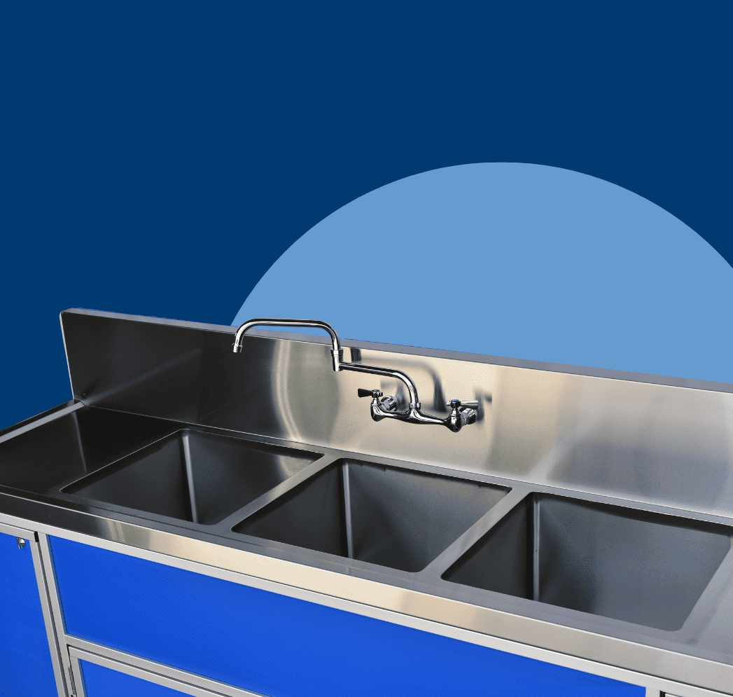 Stainless steel portable sink with three compartments, designed for efficient washing, rinsing, and sanitizing in various settings.