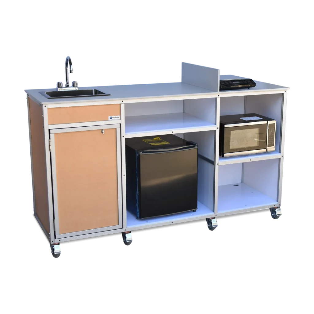Portable Sink with built-in faucet, mini fridge, and microwave shelving — ideal for mobile kitchen or workspace use.