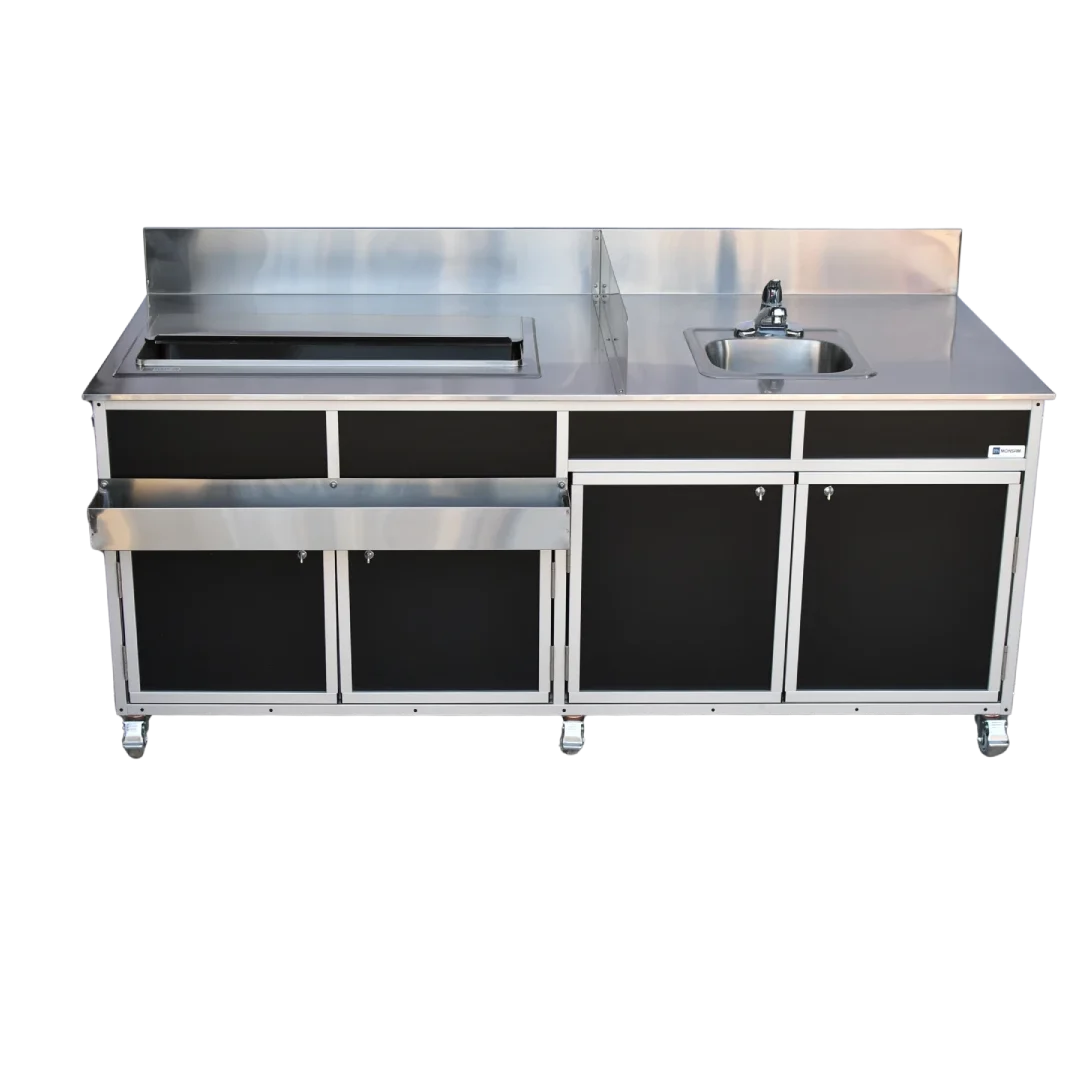 Monsam Mobile Bar with Ice Bin, Sink, and Speed Rail