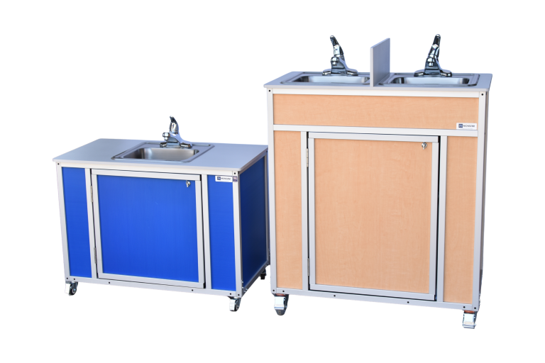 Double compartment portable sink and one-basin child height portable sink